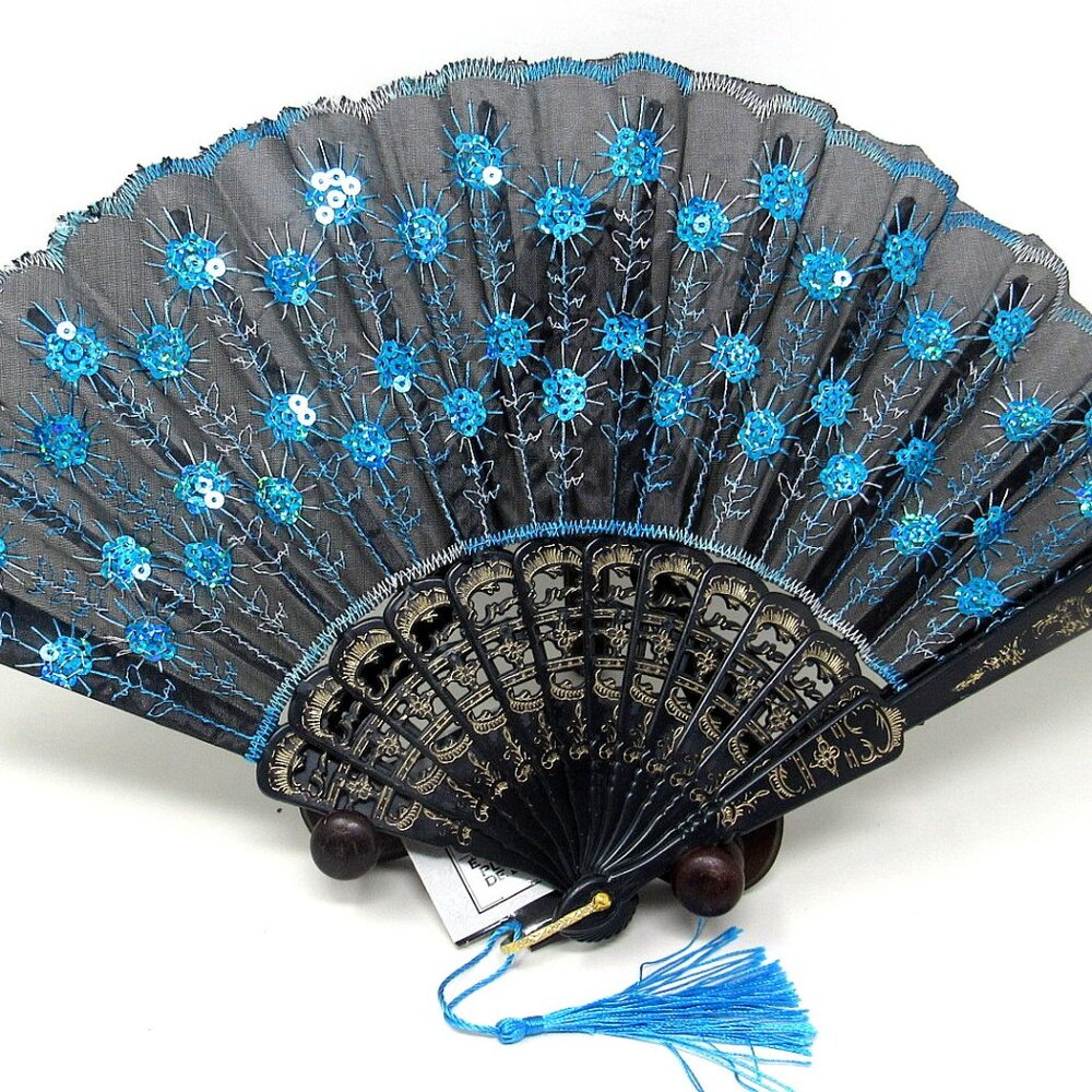 Aqua Sequin Folding Hand Held Fan Black Gold Frame Holographic Party Costume